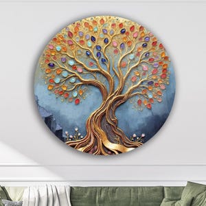 Tree of Life Wall Art – Gemstone Fantasy Golden Tree Wall Hanging for Zen Decor | Harmony Wall Decor | Feng Shui Wall Art