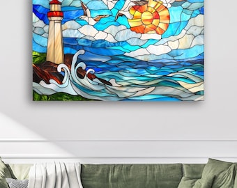 Ocean Stained Glass Wall Art – Vibrant Lighthouse and Sea Birds Vitrail Panel | Sunset Coastal Glass Mosaic Panel | Blue Beach Decor