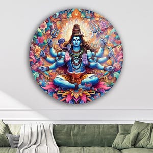 Lord Shiva Wall Art – Colorful Multi-Armed Meditation Print – Spiritual Psychedelic Indian Decor on Glass | Hindu Wall Art