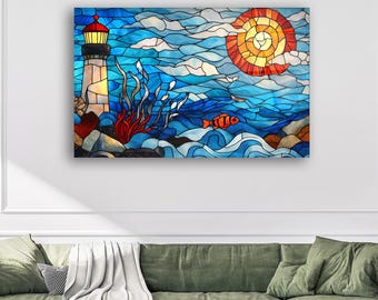 Ocean Stained Glass Wall Art – Vibrant Lighthouse & Sea Birds Vitrail Panel | Coastal Glass Panel | Blue Beach Decor | Sunset Wall Art