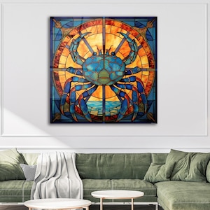 Oeuvre d&#39;art murale en vitrail en mosaïque de crabe - Décoration côtière nautique sur verre trempé - Imprimé animal marin vie marine vibrante pour décoration de maison de plage