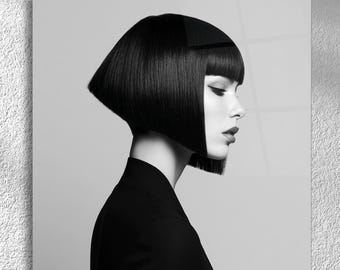 Bob Haircut Portrait – Black and White Minimalist Fashion Wall Art for Beauty Salon Decor | Stylish Woman Decor for Hairdressers