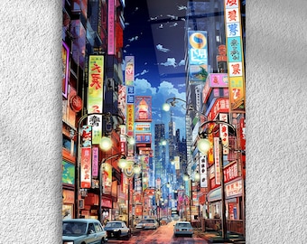 Arte mural de paisaje urbano de anime sobre vidrio templado: obra de arte neón de Tokio, impresión nocturna japonesa ciberpunk, decoración vibrante con luces urbanas de anime.
