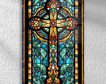 Arte de pared con cruz cristiana / Decoración católica para el hogar / Cruz religiosa de vidrio templado Vitrail para decoración de iglesias / Arte de pared de Jesús con la Santa Cruz