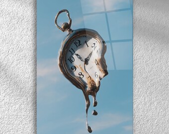 Melting Clock Wall Art – Surreal Time Dali-Inspired Wall Decor on Tempered Glass | Modern Wall Hanging for Clock Lovers
