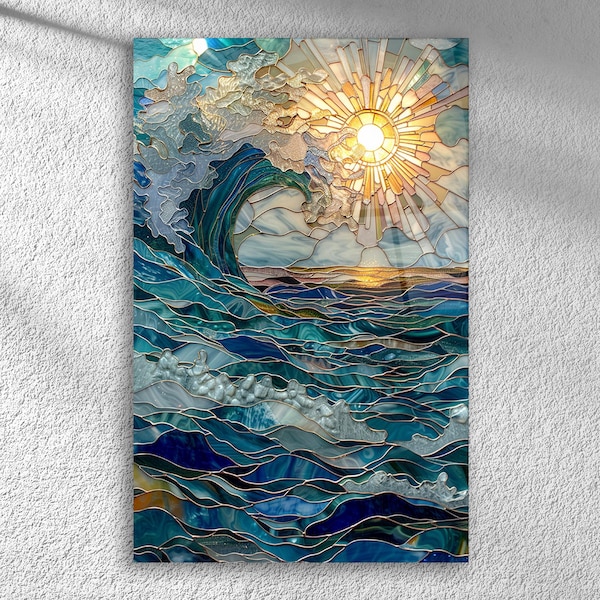 Ocean Wave Glas Wandkunst - Sonne und Meer Mosaik Druck - Küsten Blau Strand Fenster Dekor | Ocean Theme Vitrail Panel auf gehärtetem Glas