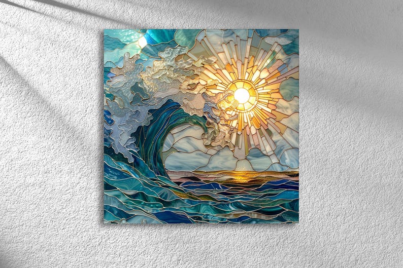 Ocean Wave Glass Wall Art - Sun and Sea Mosaic Print - Coastal Blue ...