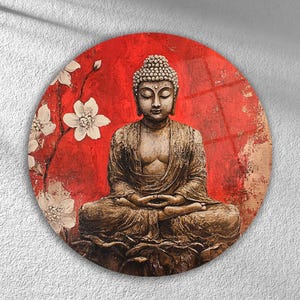 Red Buddha Wall Art on Tempered Glass- Zen Decor with Cherry Blossoms and Buddha Wall Hanging| Yoga and Meditation Decor | Red Interior Art