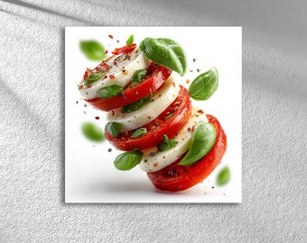 Arte murale con cibo sano su vetro temperato – Stampa artistica di pomodoro e mozzarella per l'arredamento di bar / Decorazione murale di ristoranti / Opera d'arte di insalate per la cucina