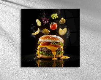 Cheeseburger Wall Art – Juicy Burger with Floating Ingredients on Tempered Glass for Restaurant and Cafe Decor | Chef Kitchen Wall Art