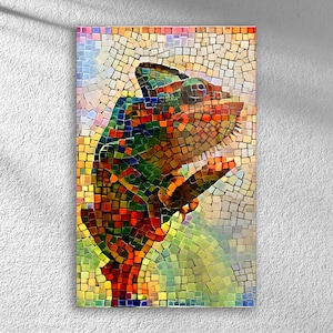 Colorful Chameleon Mosaic Wall Art – Vibrant Lizard Glass Tile Decor | Wildlife Art Tile Glass Panel