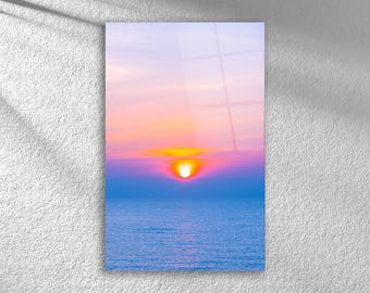 Dreamy Sunset Wall Art – Ocean Horizon View Serene Sea and Sky Wall Decor | Tranquil Nature Beach House Decor | Calming Sunset Wall Hanging