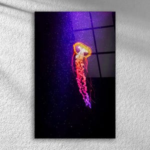 Jellyfish Glass Wall Art - Ocean Sea Life Decor - Deep Sea Jellyfish Print - Modern Underwater Artwork | Marine Art Panel on Tempered Glass