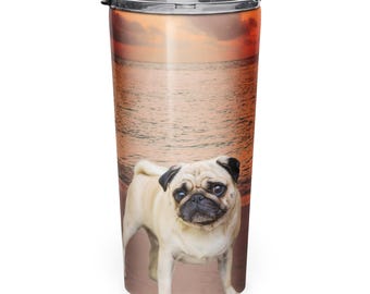 Mops Kran Sonnenuntergang Strandbecher