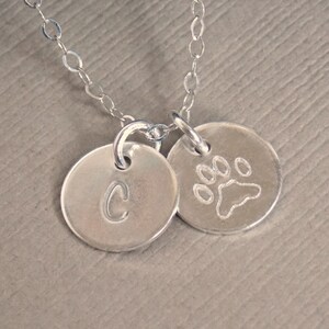 Paw Print Initial Necklace, Pet Memorial Necklace , Initial Disc Necklace, Pet Lovers Necklace, Cat Dog Paw Print STERLING Silver Necklace