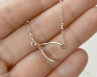 Wishbone Necklace, Silver Gold Sideways Wishbone Necklace, Layering Necklace, Sideways Necklace, Dainty Wishbone Charm, Simple Necklace