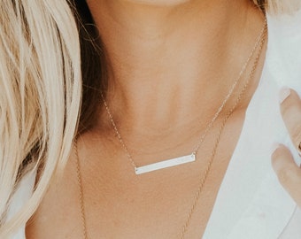 Dainty Skinny Bar Necklace, Long Bar Monogram Necklace, Thin Bar Necklace, Girlfriend Gift, Personalized Jewelry, Horizontal Nameplate