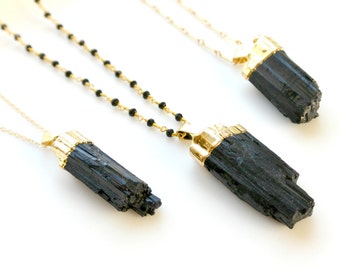 Gold Black Tourmaline Necklace,  Raw Tourmaline Pendant, Gold Dipped Long Necklace, Beaded Gemstone Necklace, Boho Long Layering Necklace