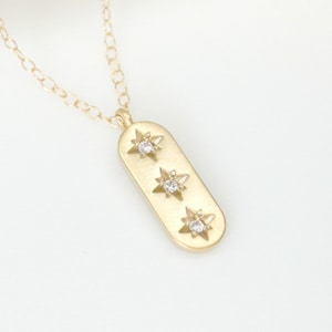 Gold Star Necklace, Celestial Necklace, Tiny Bar Necklace, Triple Star Necklace, Galaxy Necklace, Astronomy Necklace, 3 CZ Star Necklace
