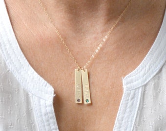 Birthstone Bar Necklace, Personalized Birthstone Necklace, Custom Name Necklace, Vertical Bar, Gold/Rose Gold Bar Necklace, Gift for Mom