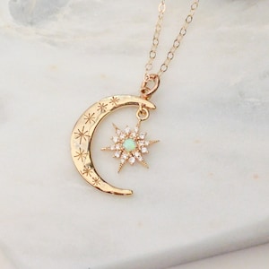 Gold Opal Moon Necklace, Crescent Moon Necklace, Opal Star Necklace, Celestial Jewelry, Dainty Gold Necklace, Gift For Women, Gold Moon