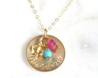 Gemstone Grandma Necklace, Personalized Mother Jewelry, Disc Necklace, Mimi Nana Oma, Monogram Necklace, Gold Fill, Silver or Rose Gold