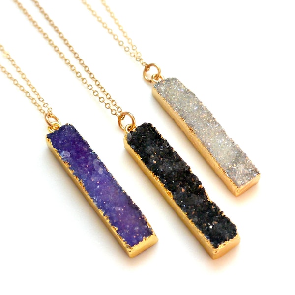 Druzy Bar Necklace, Crystal Necklace, Gemstone Necklace, Gold Necklace, Boho Necklace, Druzy Jewelry, Vertical Druzy Bar Pendant, Gift Idea