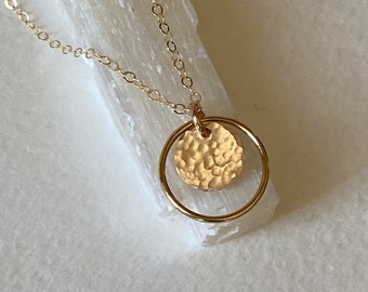 Delicate Circle Necklace, Gold Hammered Disc, Halo Necklace, Minimalist Jewelry, Bridesmaid Gift Idea, Everyday Necklace, Birthday Gift