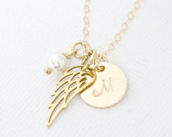 Personalized Angel Wing Necklace, Miscarriage Jewelry, Memorial Initial Necklace, Sympathy and Loss Gift, Gift For Her, Loss of a Child Gift