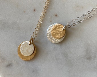 Mixed Metal Disc Necklace, Sun and Moon Necklace, Gold and Silver Hammered Disc Necklace, Dainty Celestial Necklace, Friend Sister Aunt Gift