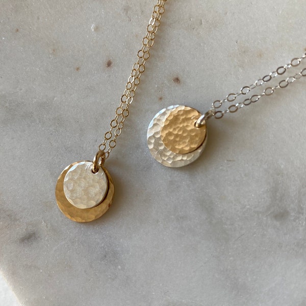 Mixed Metal Disc Necklace, Sun and Moon Necklace, Gold and Silver Hammered Disc Necklace, Dainty Celestial Necklace, Friend Sister Aunt Gift