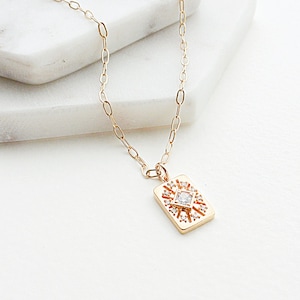 Gold Medallion Necklace, Rectangle CZ Pendant, Paperclip Chain Necklace, Gifts for Women, Starburst Necklace, Gift for Her, Layering Jewelry