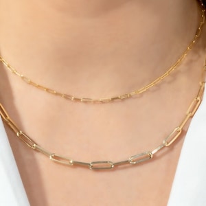 Collana a catena con graffetta, girocollo in oro 14k, bigiotteria con graffetta spessa, collana a strati, lunga catena a maglie rettangolari, piccola graffetta a maglie