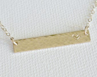 Gold Hammered Bar Necklace, Silver, Gold, Rose Gold, Heart Necklace, Personalize Jewelry, Initial Bar Necklace, Personalized Name Necklace