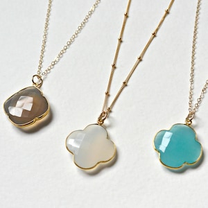 Gemstone Clover Necklace, Gold Necklace, Gemstone Necklace, Four Leaf Clover Necklace, Smokey Quartz, Moonstone Clover, Aqua Chalcedony