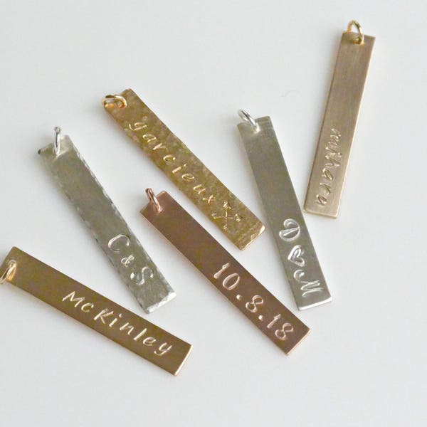 Personalized Bar Charm, ADD On Bar Pendant, Vertical Bar Charm, Custom Hand Stamped Bar, Sterling Silver, 14K Gold Fill, Rose Gold Fill