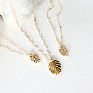 Palm Leaf Necklace, Monstera Leaf Necklace, Plant Lover Necklace, Birthday Gift, Tropical Jewelry, CZ Leaf Charm, Dainty Gold Necklace