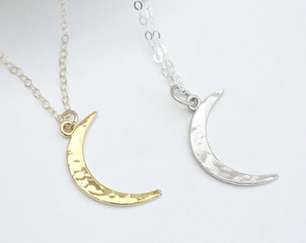 Moon Necklace, Crescent Moon Necklace, Dainty Gold Pendant, Gold or Silver Hammered Moon, Boho Jewelry, Minimalist Necklace, Horn Necklace