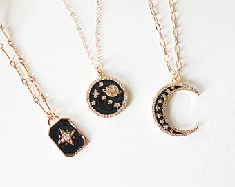 Celestial Gold Necklace, Black Enamel Jewelry, CZ Moon Necklace, Crescent Moon Necklace, Crescent Moon, Starburst, Saturn Planet Necklace