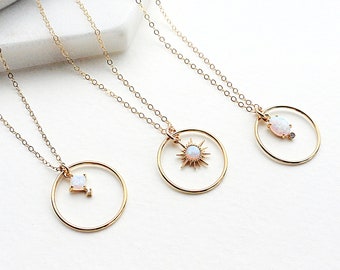 Circle Opal Necklace, Gold Boho Opal Necklace, Circle Galaxy Necklace, Dainty Necklace, CZ and Opal, Celestial Jewelry, Girlfriend Gift