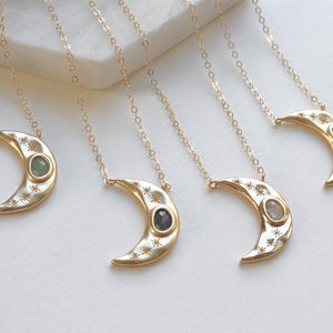 Crescent Moon Gemstone Necklace, Gold Moon, Celestial Gemstone Necklace, Amethyst, Green Aventurine, Clear Rock, Labradorite Dainty Jewelry