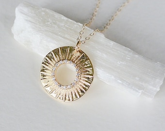 Gold Sunburst Necklace, Pave CZ Circle Sun Necklace, Sunbeam Necklace, Celestial Jewelry, Gifts For Her, Sunshine Necklace, Layering