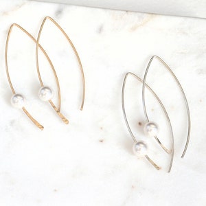 Gold Pearl Earrings, Arc Pearl Earrings, June Birthstone, Dangle Threader Earring, Open Hoop Earring, Christmas Gift, Gift For Her, Birthday