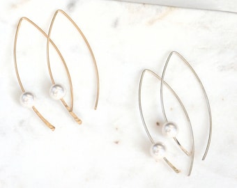 Gold Pearl Earrings, Arc Pearl Earrings, June Birthstone, Dangle Threader Earring, Open Hoop Earring, Christmas Gift, Gift For Her, Birthday