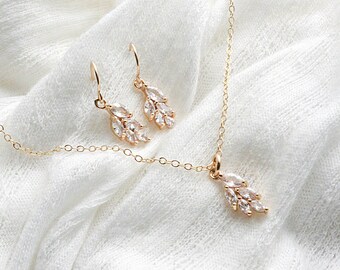 Gold Leaf Necklace, Bridesmaid Gift, Tiny Boho CZ Necklace, Gifts for Her, Dainty Bridal Jewelry, Fall Gift Set, Leaf Wedding Earrings