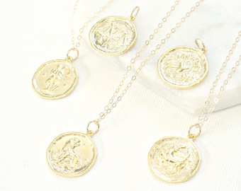 Zodiac Coin Necklace, Astrology Necklace, Custom Horoscope Jewelry, Celestial Jewelry, Medallion Necklace, Gifts For Her, Star Sign Gift