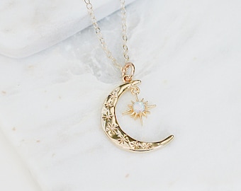 Opal Crescent Moon Necklace, Star Necklace, Dainty Gold Necklace, Opal Moon Necklace, Celestial Jewelry, Birthday Gift for Her, Boho Jewelry