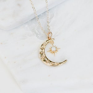 Opal Crescent Moon Necklace, Star Necklace, Dainty Gold Necklace, Opal Moon Necklace, Celestial Jewelry, Birthday Gift for Her, Boho Jewelry