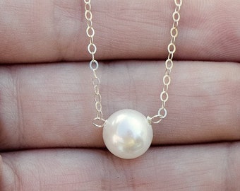 Simple Pearl Necklace, Single Button Pearl, Freshwater Pearl Pendant,  Sterling Silver, 14k Gold Fill, Bridesmaid Gift Idea, Wedding Pearl