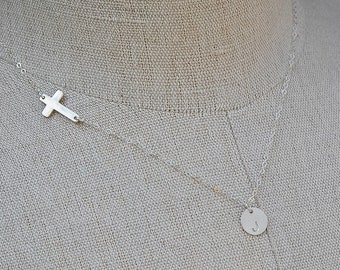 Sideways Cross Initial Necklace, Sterling Silver, Monogram Necklace, Initial Jewelry, Bridesmaids Jewelry, Cross Jewelry, Mother Necklace